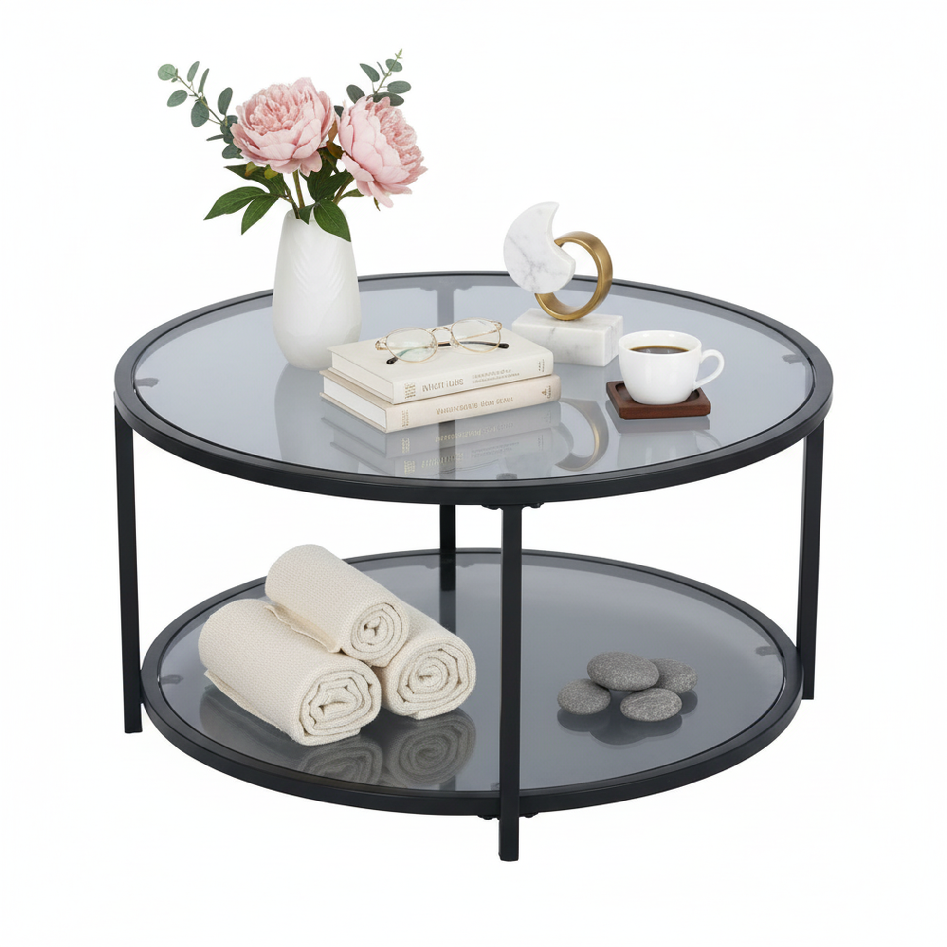 Mesa de centro redonda de cristal 80x80x42cm Gris