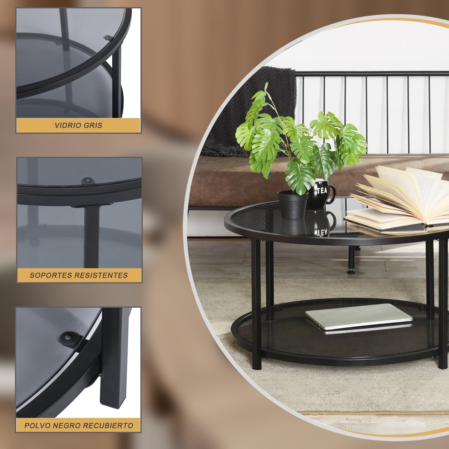 Mesa de centro redonda de cristal 80x80x42cm Gris