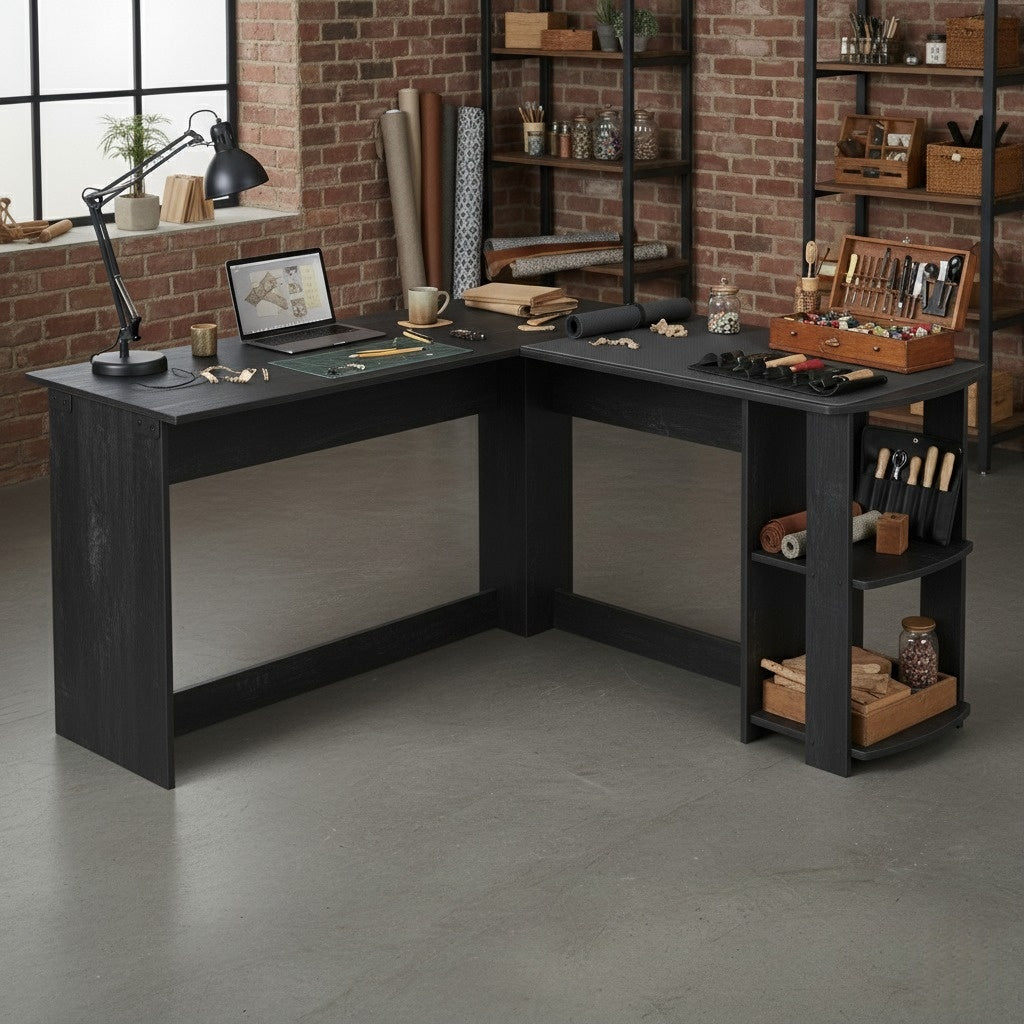 Escritorio en Forma de L con Estantes Abiertos Mesa de Juegos Grande Negro