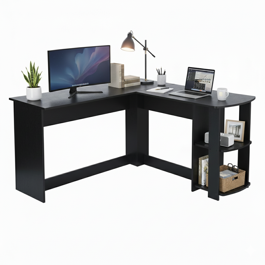 Escritorio en Forma de L con Estantes Abiertos Mesa de Juegos Grande Negro