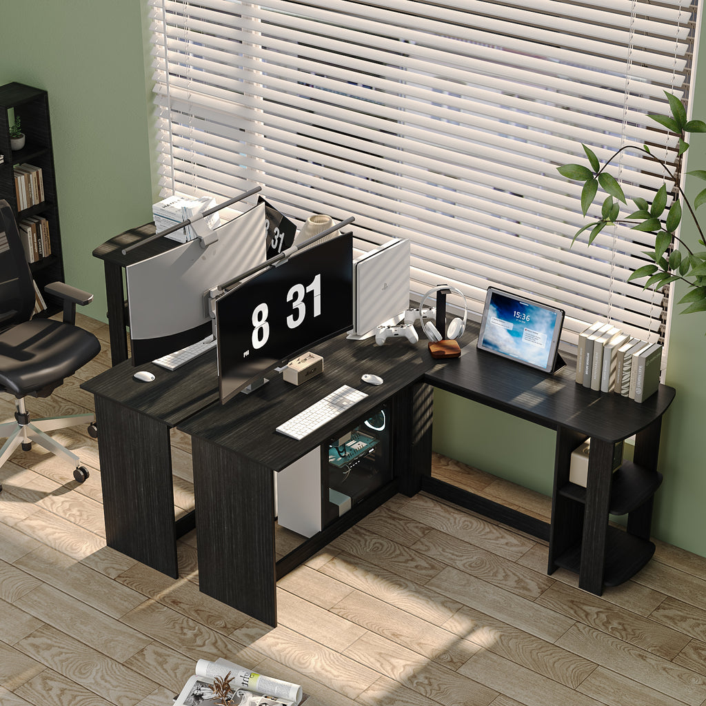 Escritorio en Forma de L con Estantes Abiertos Mesa de Juegos Grande Negro