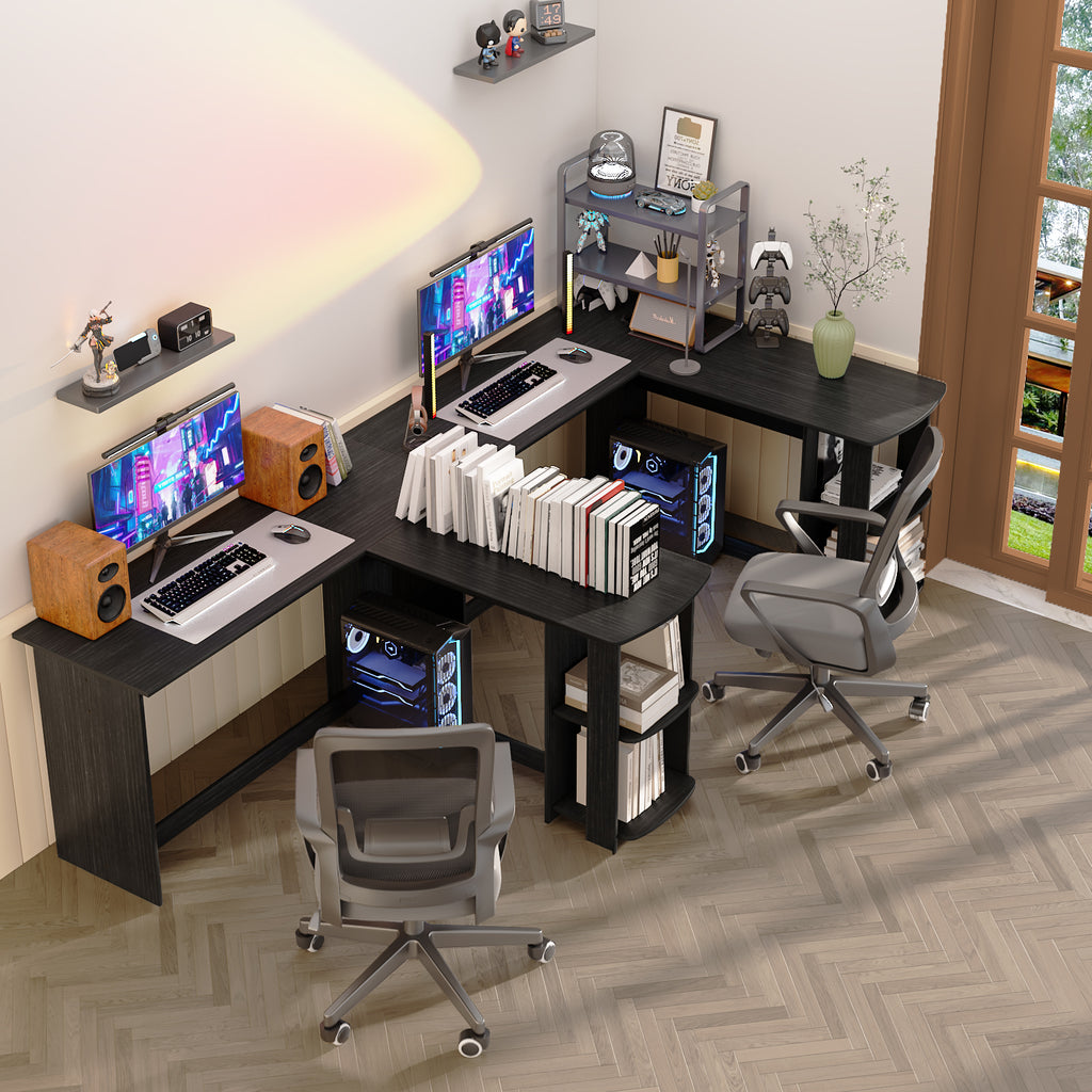 Escritorio en Forma de L con Estantes Abiertos Mesa de Juegos Grande Negro