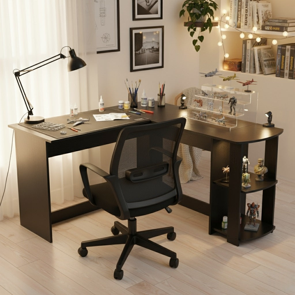 Escritorio en Forma de L con Estantes Abiertos Mesa de Juegos Grande Negro