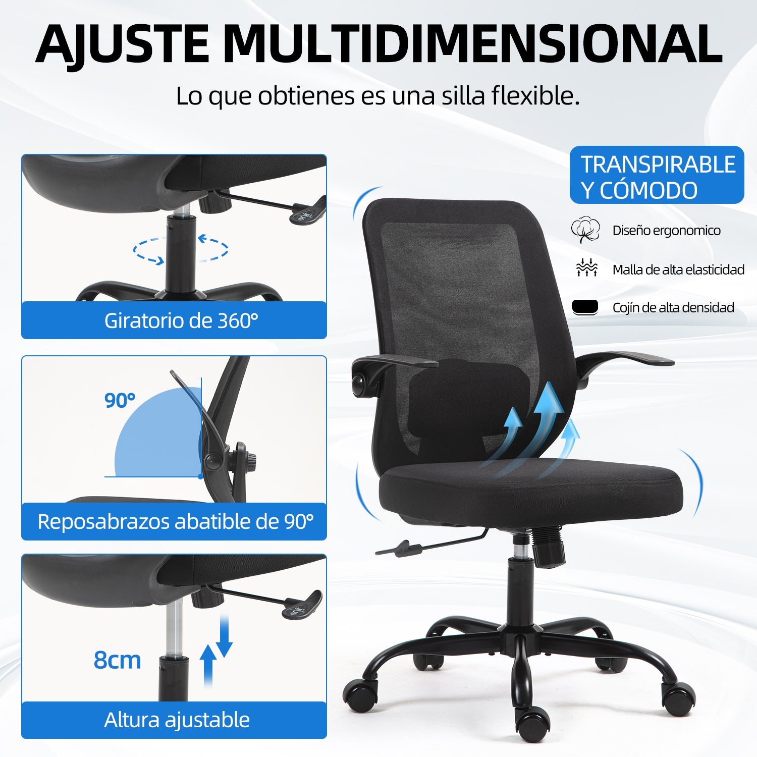 Silla de Oficina Giratoria Regulable en Altura y Lumbar Apta Negro
