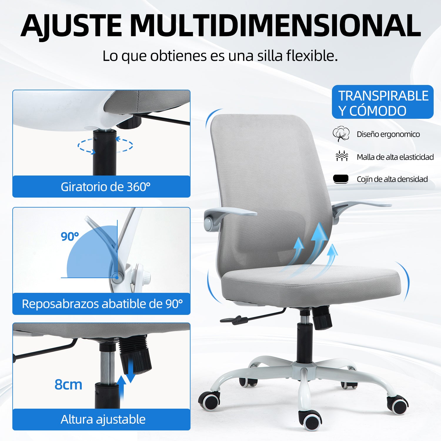 Silla de Oficina Giratoria Regulable en Altura y Lumbar Apta Gris