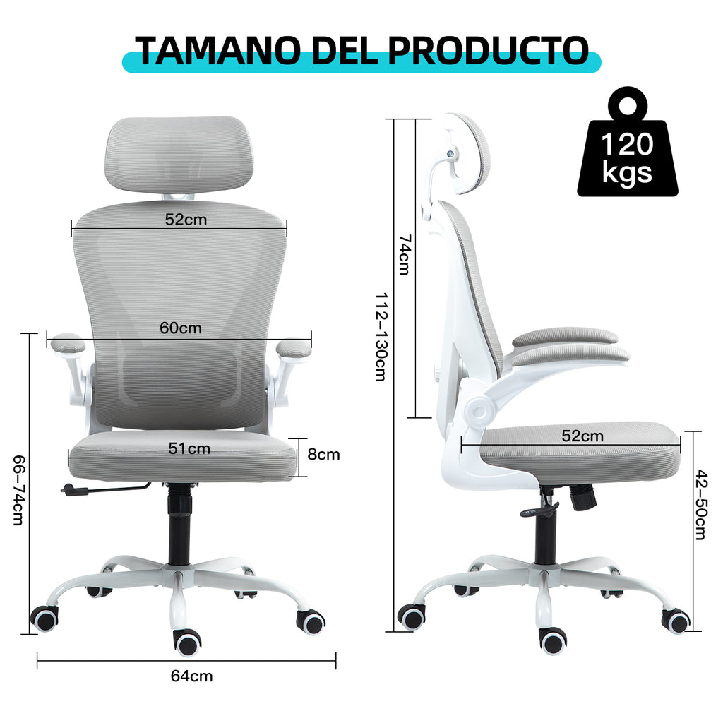 Silla de Oficina Ergonómica Giratoria Regulable con Reposabrazos Reposacabezas y Soporte Lumbar Apta Gris
