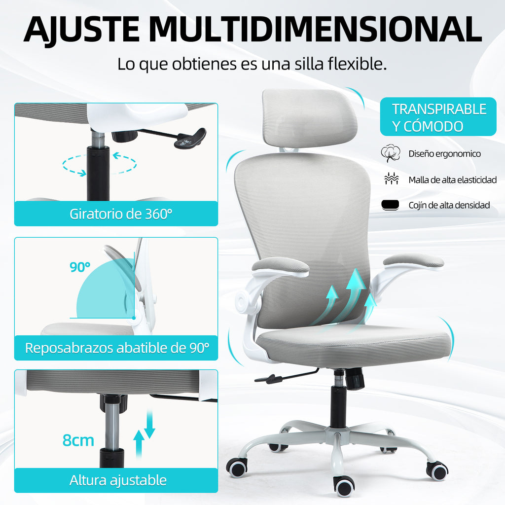 Silla de Oficina Ergonómica Giratoria Regulable con Reposabrazos Reposacabezas y Soporte Lumbar Apta Gris