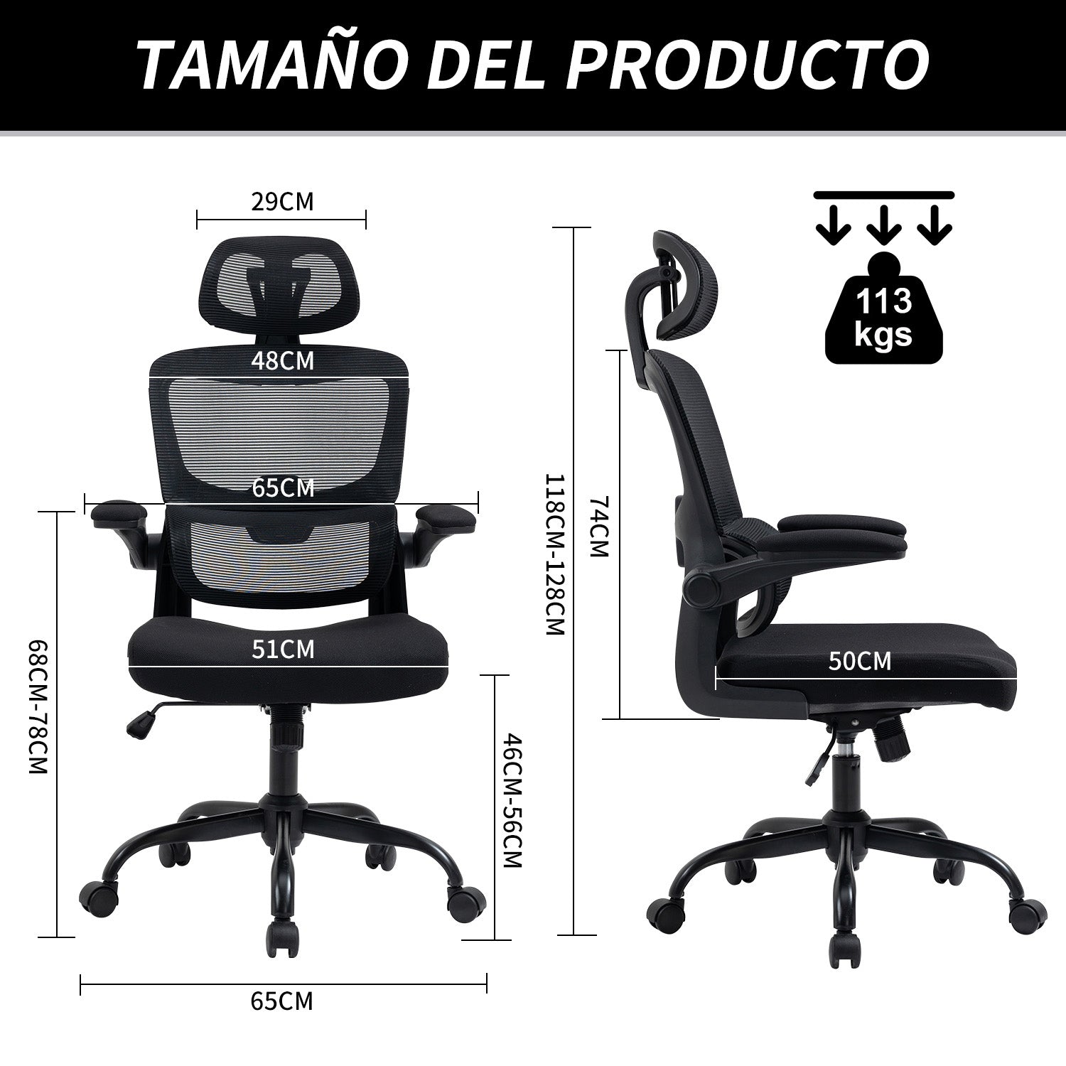 Silla de Oficina Ergonómica con Respaldo Alto Soporte Lumbar Ajustable Altura de Inclinación y Reposabrazos Negro