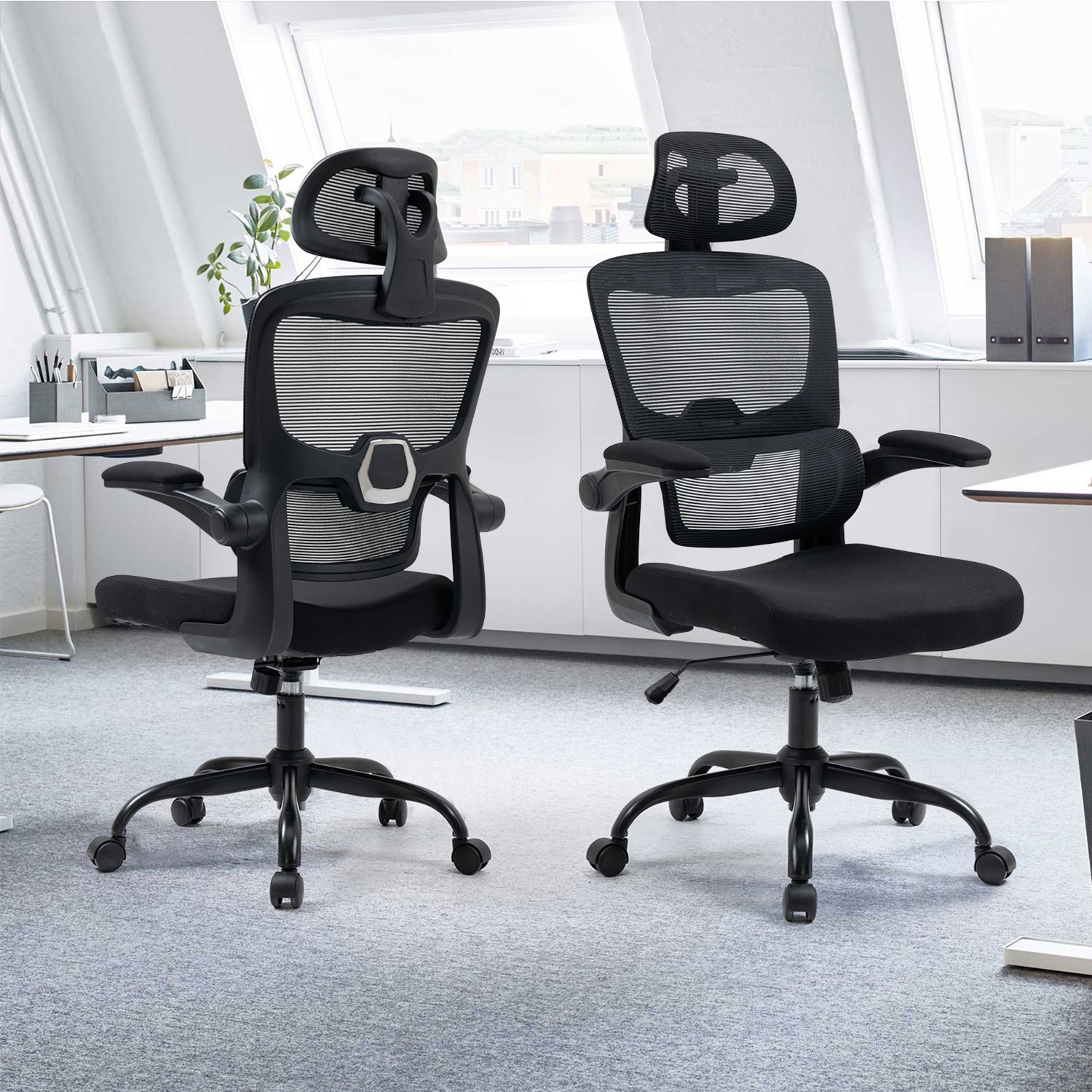 Silla de Oficina Ergonómica con Respaldo Alto Soporte Lumbar Ajustable Altura de Inclinación y Reposabrazos Negro