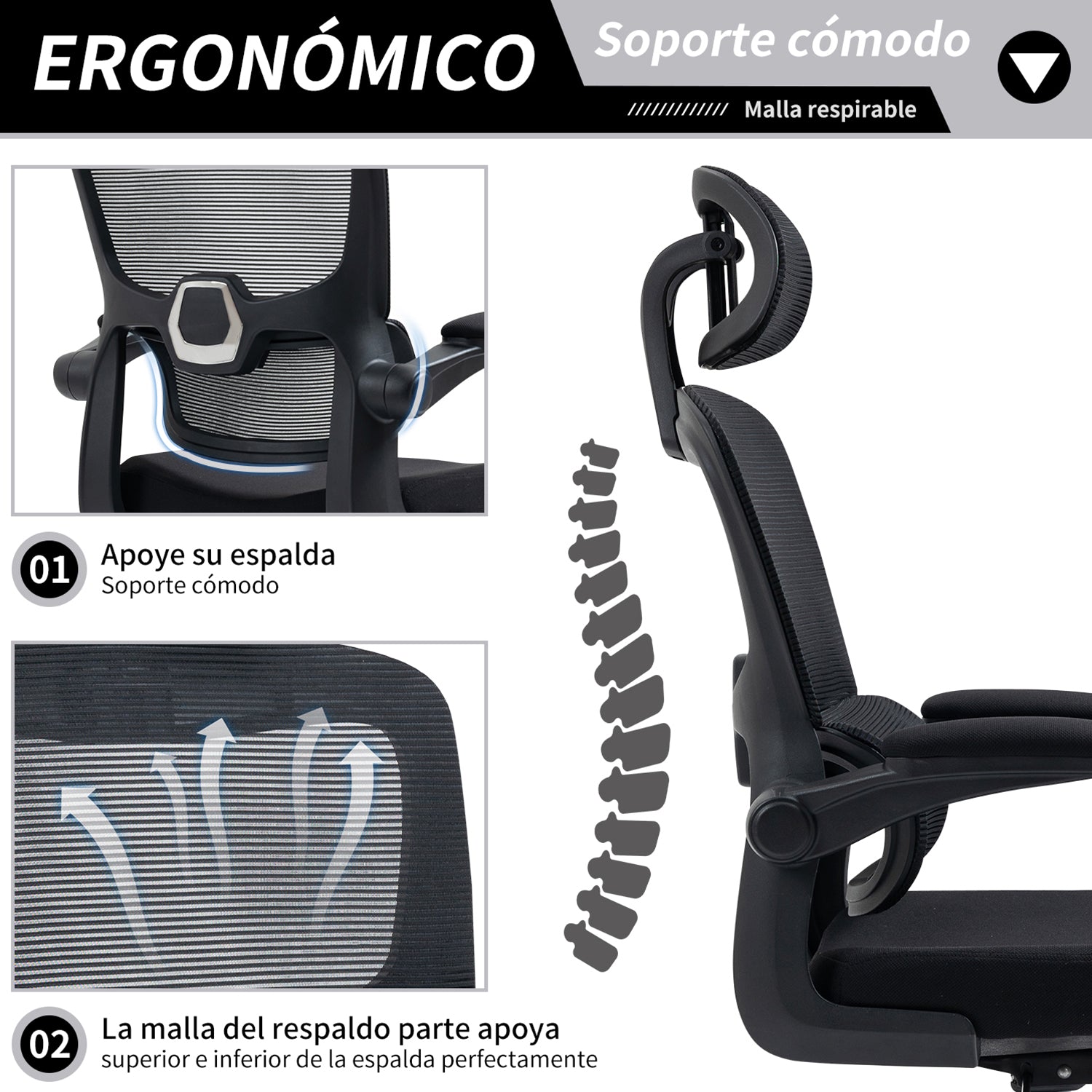 Silla de Oficina Ergonómica con Respaldo Alto Soporte Lumbar Ajustable Altura de Inclinación y Reposabrazos Negro