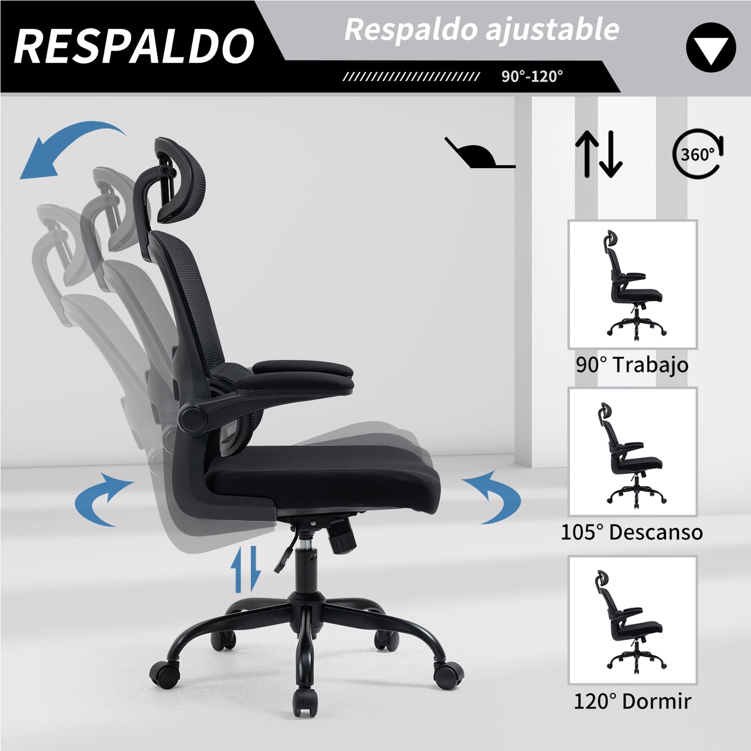 Silla de Oficina Ergonómica con Respaldo Alto Soporte Lumbar Ajustable Altura de Inclinación y Reposabrazos Negro