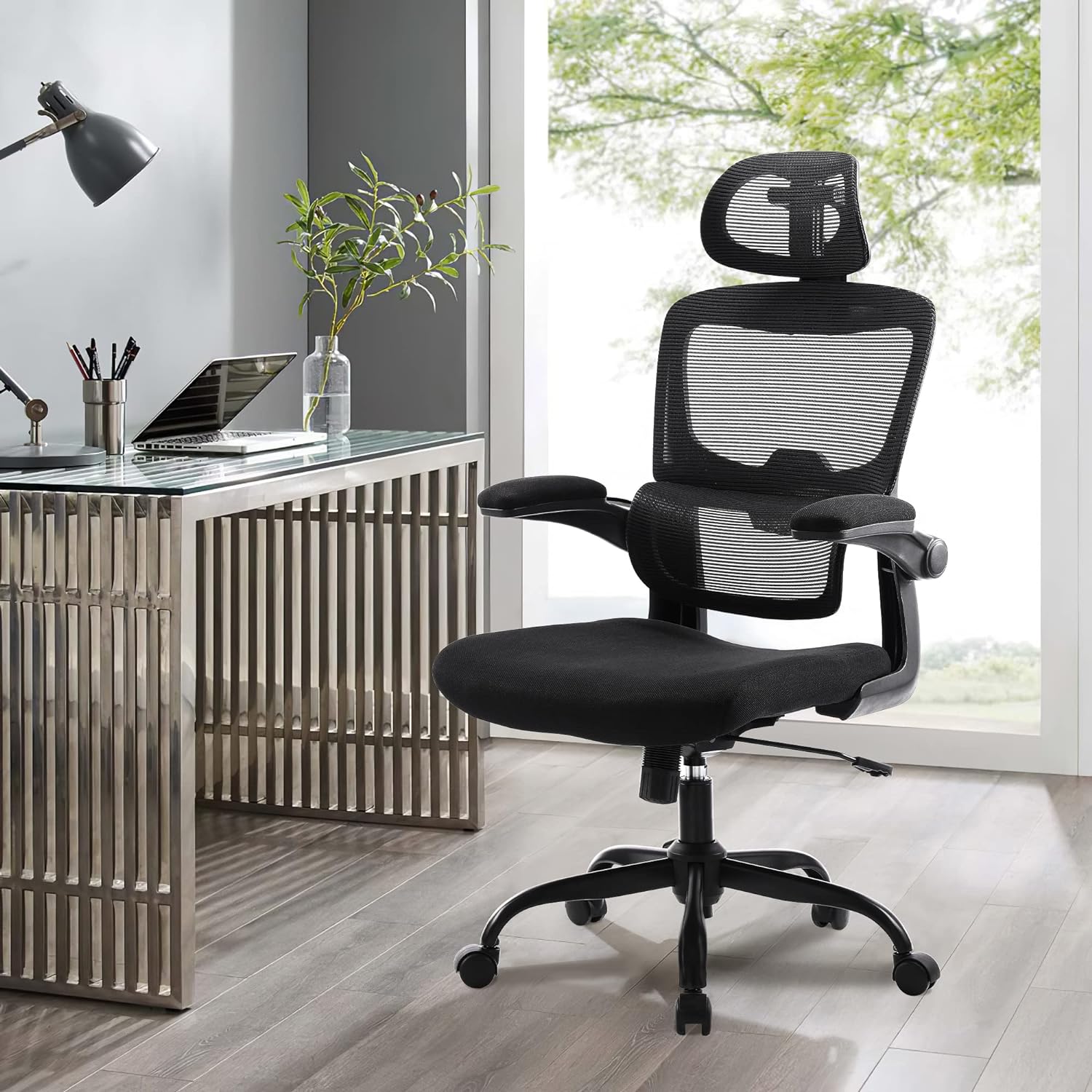 Silla de Oficina Ergonómica con Respaldo Alto Soporte Lumbar Ajustable Altura de Inclinación y Reposabrazos Negro