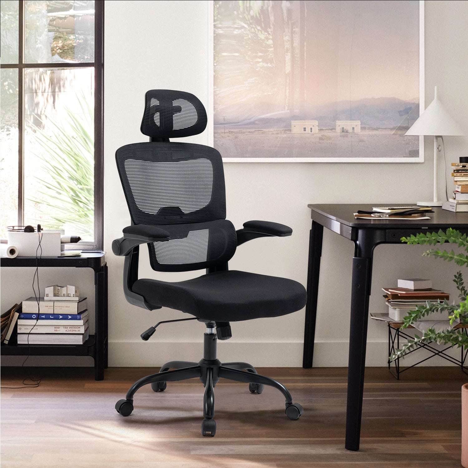 Silla de Oficina Ergonómica con Respaldo Alto Soporte Lumbar Ajustable Altura de Inclinación y Reposabrazos Negro