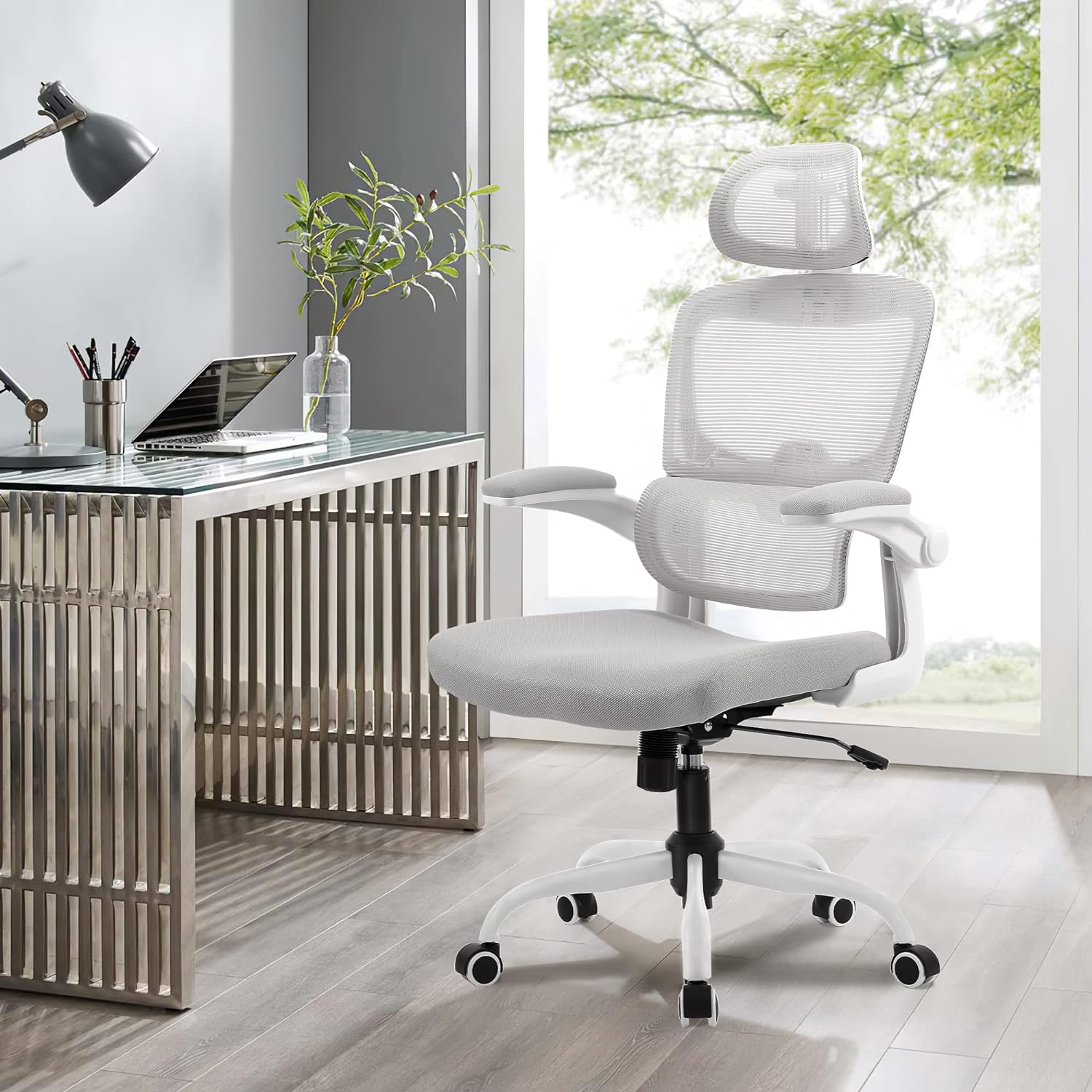 Silla de Oficina Ergonómica con Respaldo Alto Soporte Lumbar Ajustable Altura de Inclinación y Reposabrazos Gris