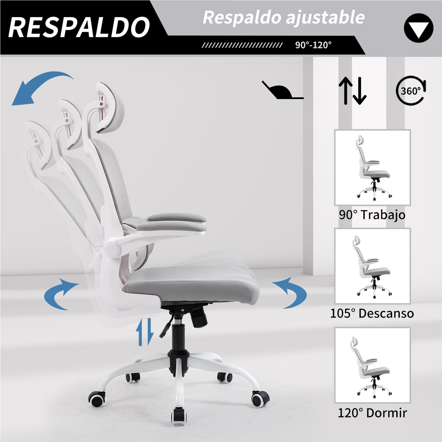 Silla de Oficina Ergonómica con Respaldo Alto Soporte Lumbar Ajustable Altura de Inclinación y Reposabrazos Gris