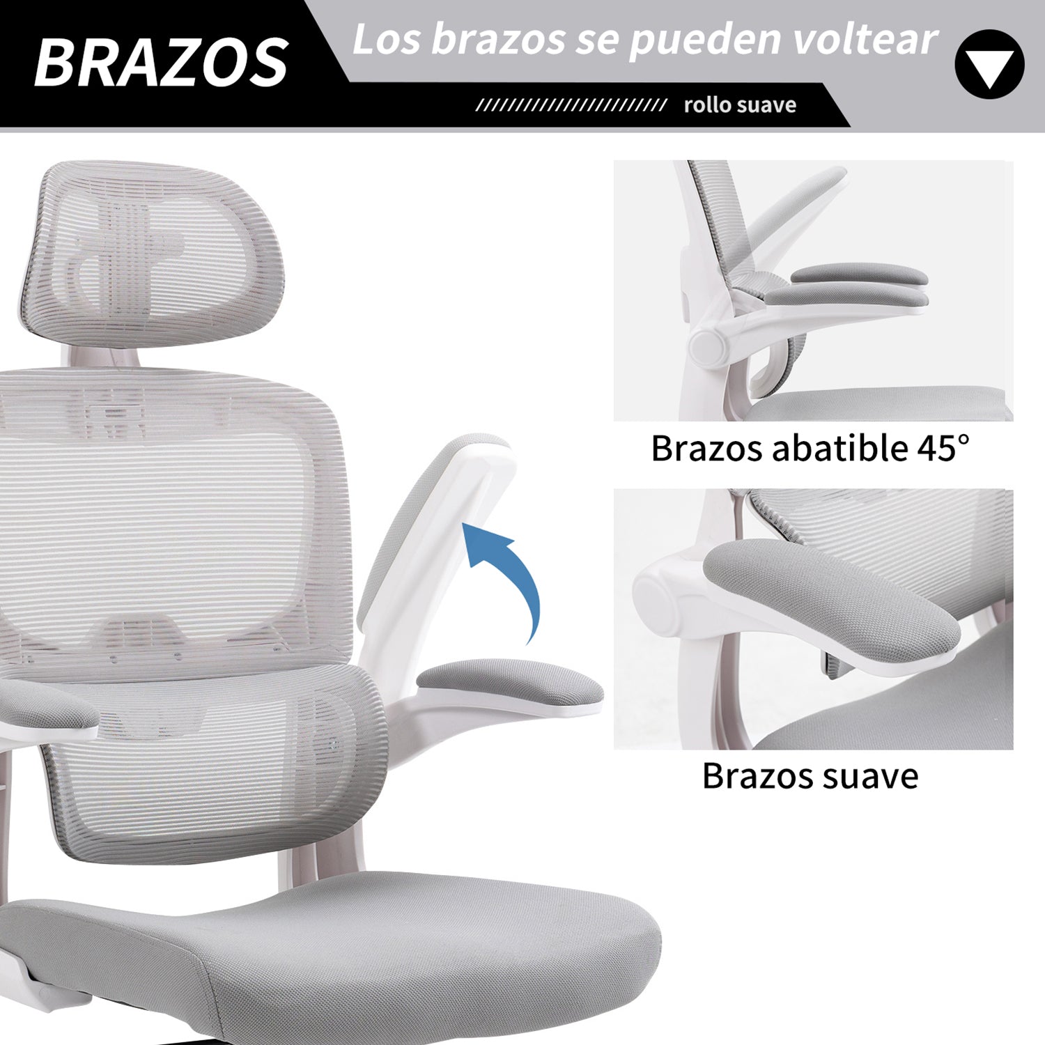 Silla de Oficina Ergonómica con Respaldo Alto Soporte Lumbar Ajustable Altura de Inclinación y Reposabrazos Gris