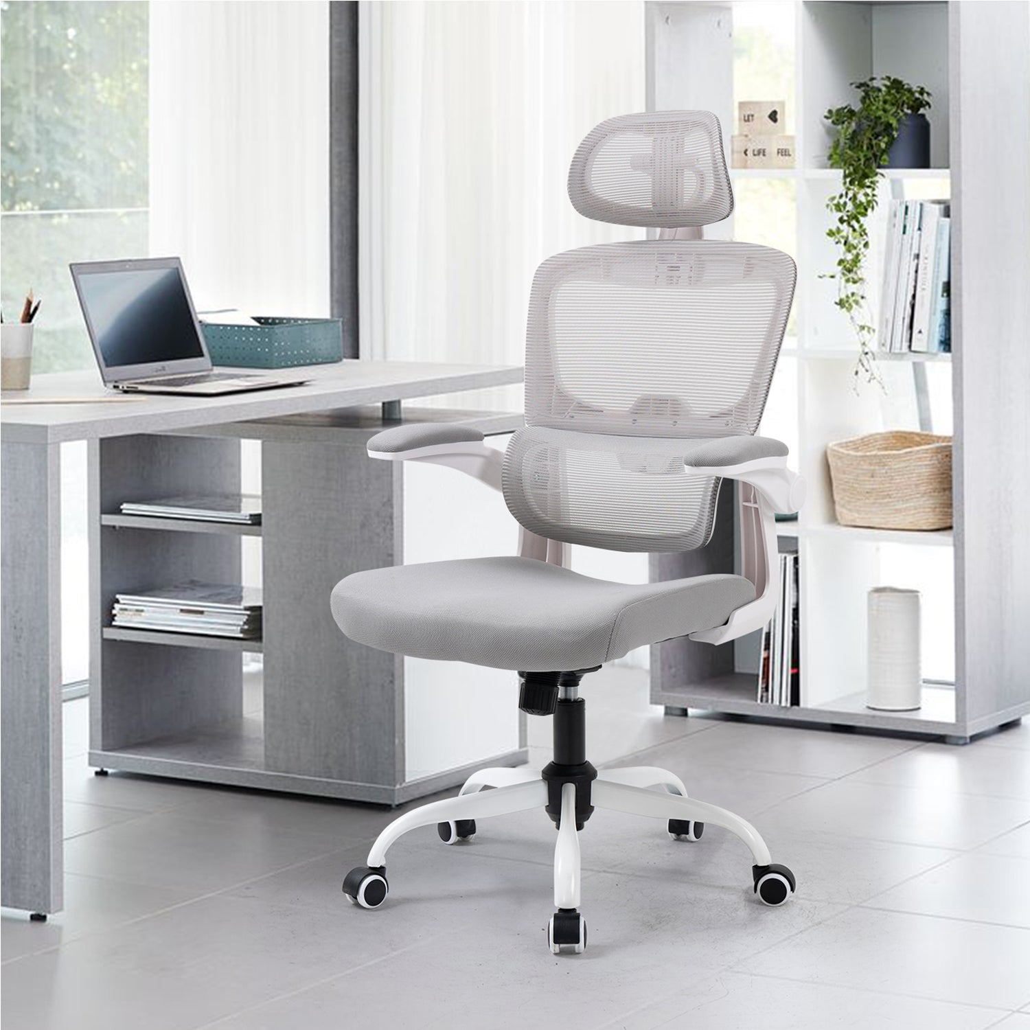 Silla de Oficina Ergonómica con Respaldo Alto Soporte Lumbar Ajustable Altura de Inclinación y Reposabrazos Gris