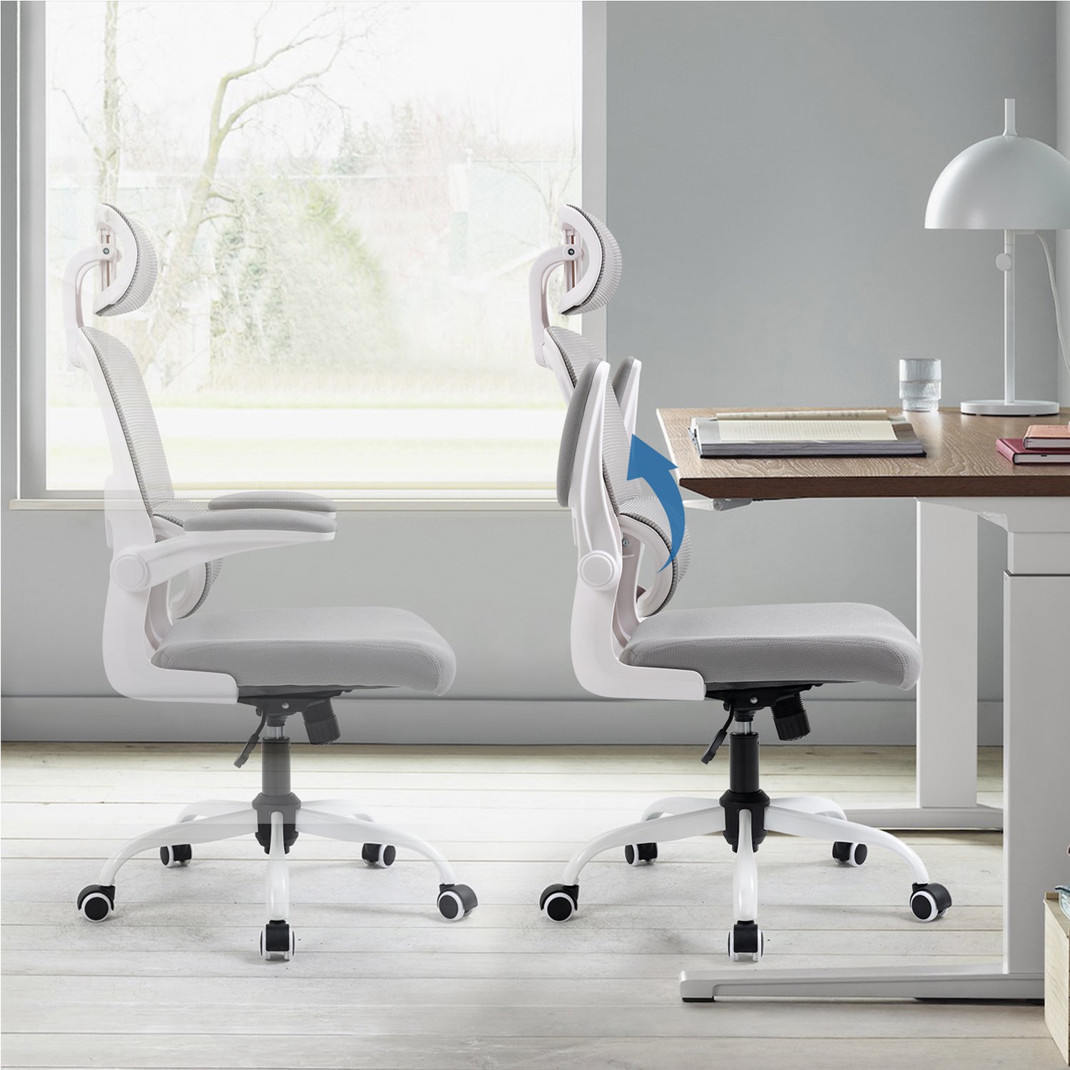 Silla de Oficina Ergonómica con Respaldo Alto Soporte Lumbar Ajustable Altura de Inclinación y Reposabrazos Gris