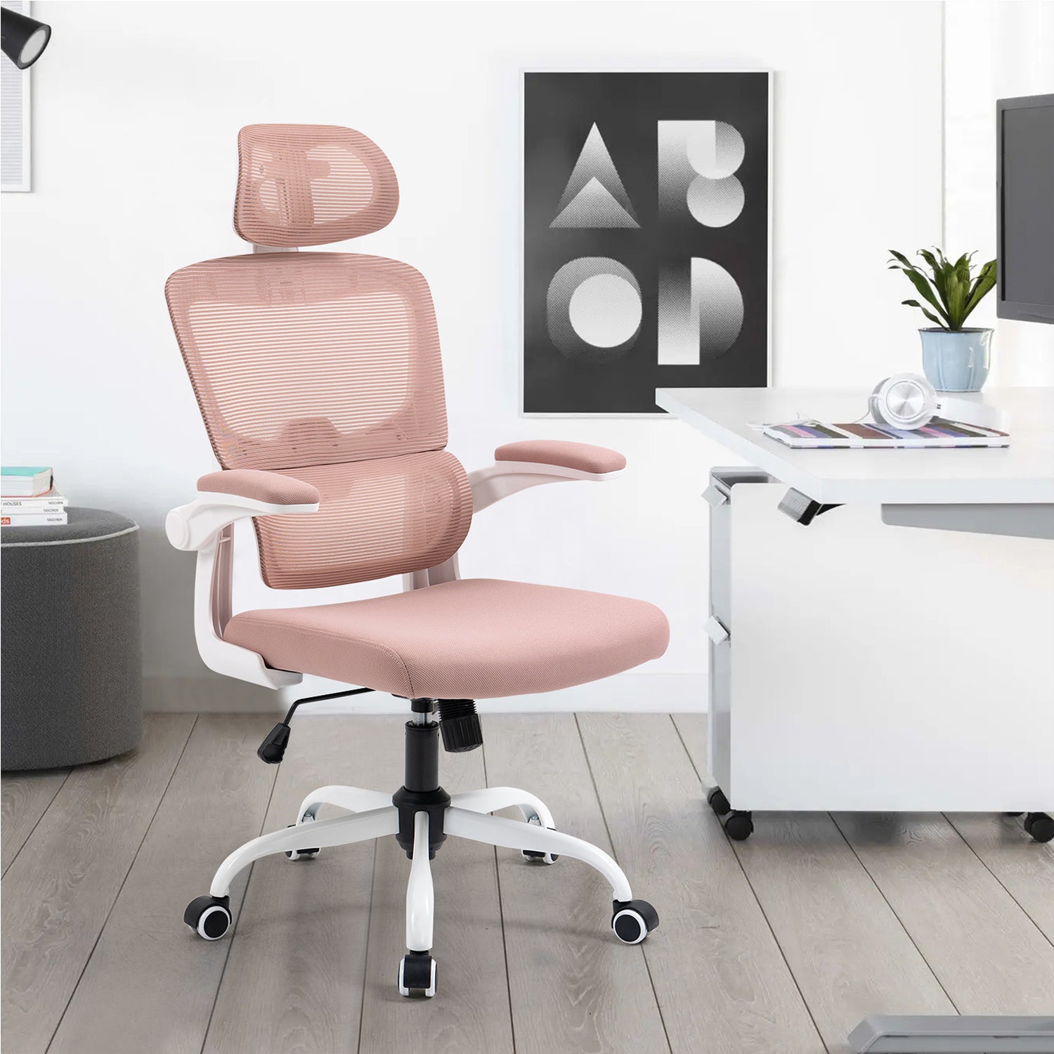 Silla de Oficina Ergonómica con Respaldo Alto Soporte Lumbar Ajustable Altura de Inclinación y Reposabrazos Rosa