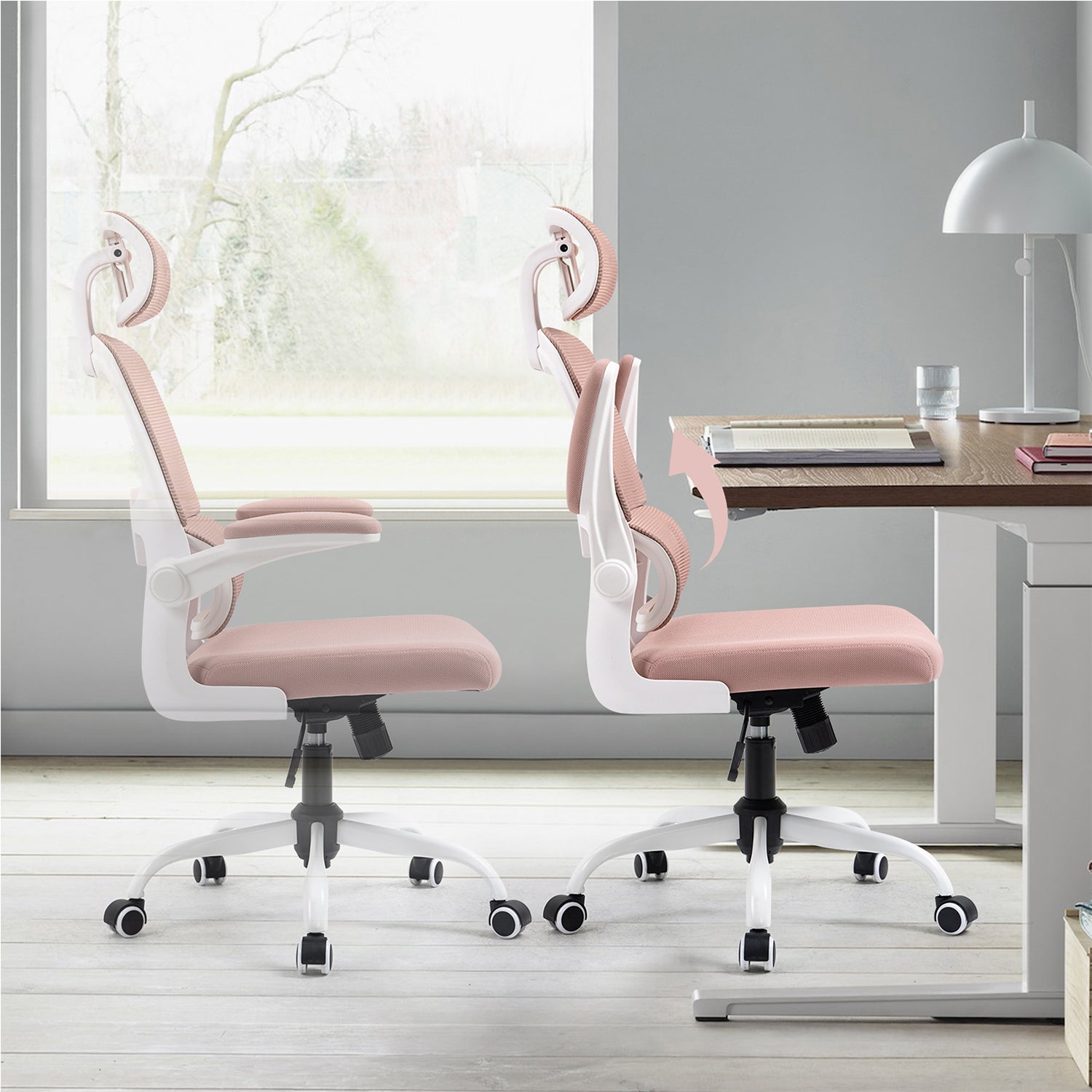 Silla de Oficina Ergonómica con Respaldo Alto Soporte Lumbar Ajustable Altura de Inclinación y Reposabrazos Rosa