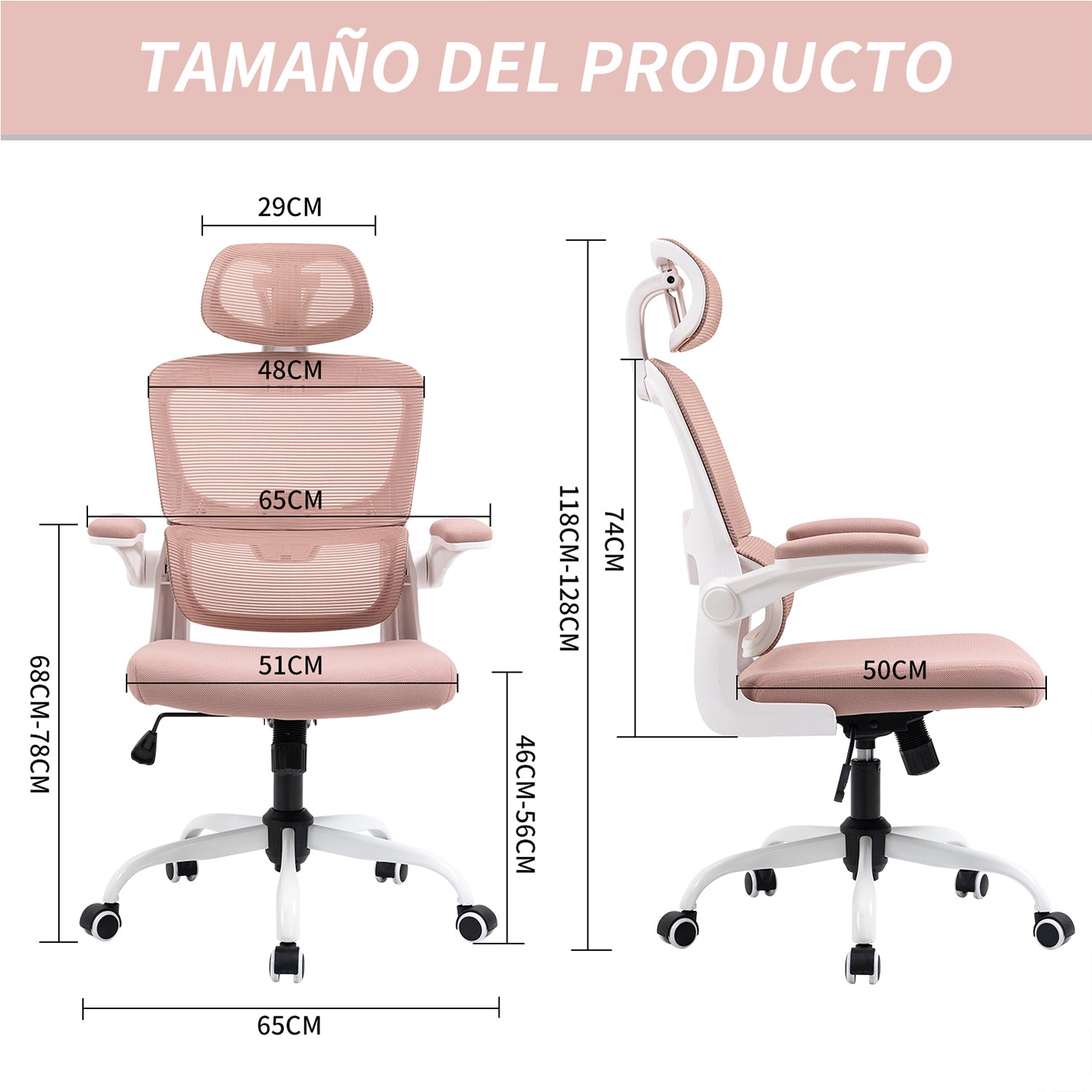 Silla de Oficina Ergonómica con Respaldo Alto Soporte Lumbar Ajustable Altura de Inclinación y Reposabrazos Rosa