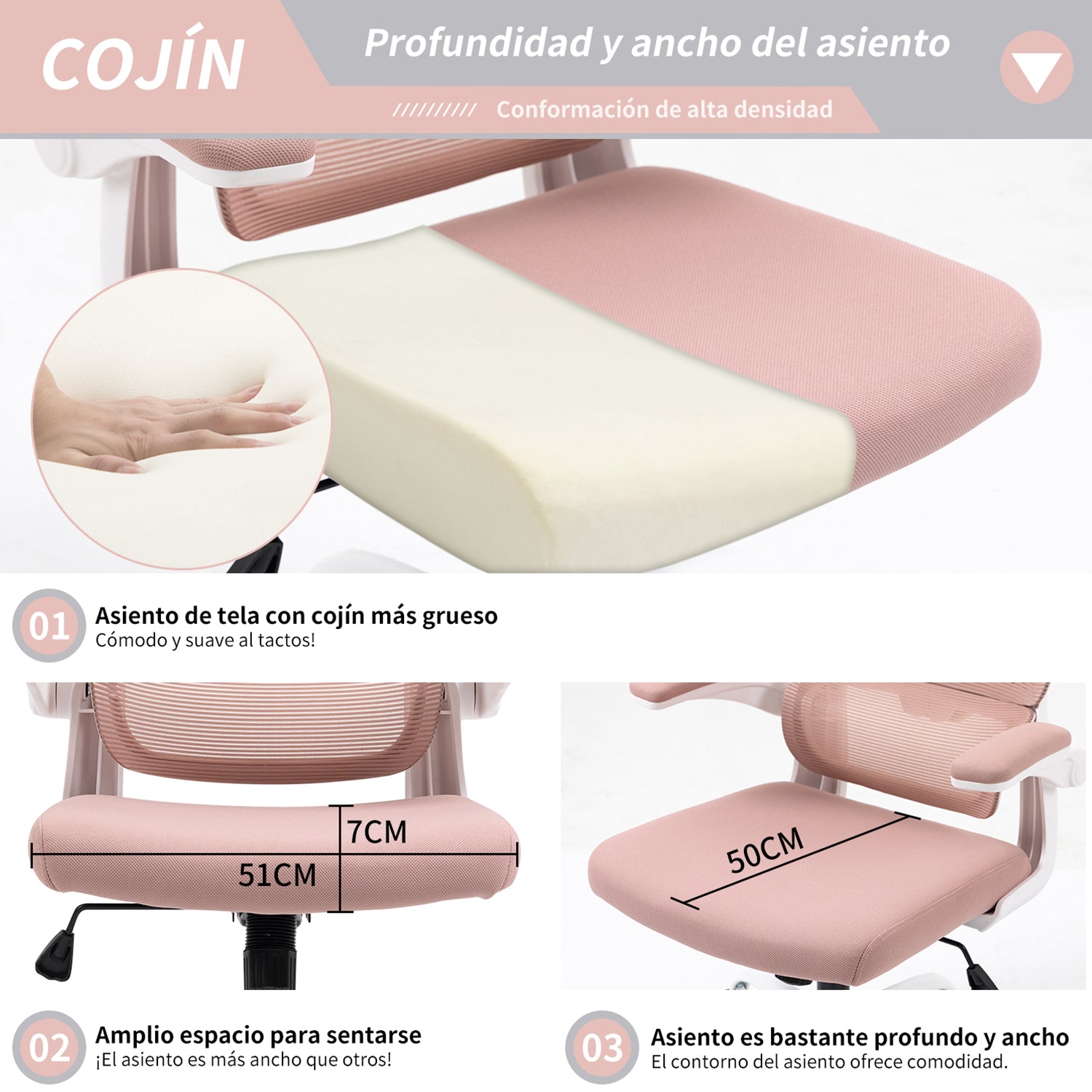 Silla de Oficina Ergonómica con Respaldo Alto Soporte Lumbar Ajustable Altura de Inclinación y Reposabrazos Rosa