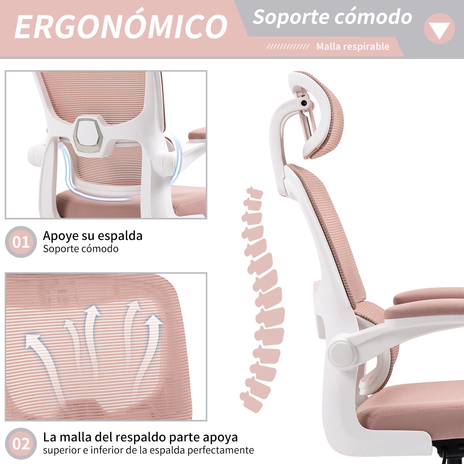 Silla de Oficina Ergonómica con Respaldo Alto Soporte Lumbar Ajustable Altura de Inclinación y Reposabrazos Rosa