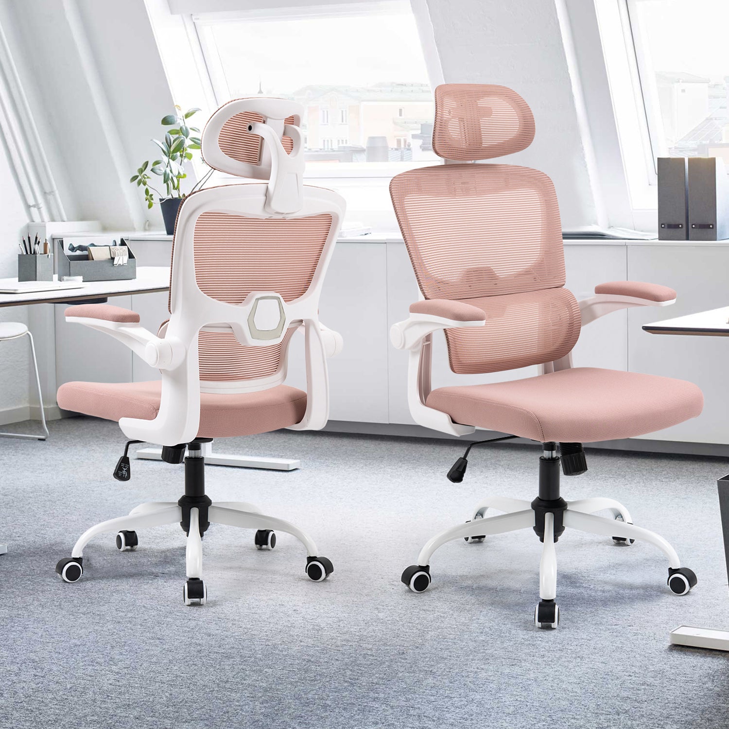 Silla de Oficina Ergonómica con Respaldo Alto Soporte Lumbar Ajustable Altura de Inclinación y Reposabrazos Rosa