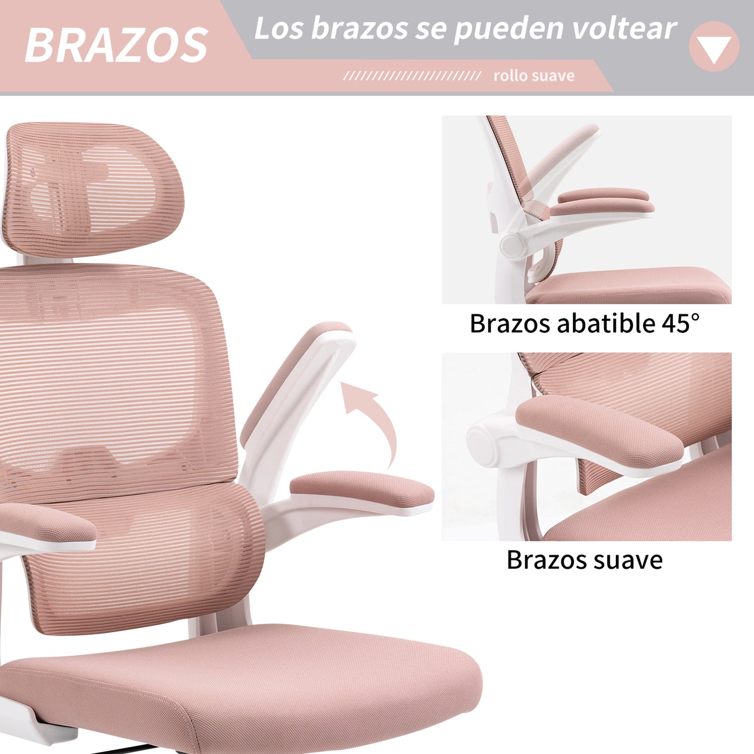 Silla de Oficina Ergonómica con Respaldo Alto Soporte Lumbar Ajustable Altura de Inclinación y Reposabrazos Rosa