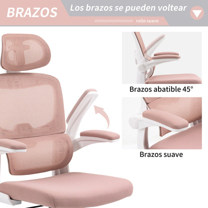 Silla de Oficina Ergonómica con Respaldo Alto Soporte Lumbar Ajustable Altura de Inclinación y Reposabrazos Rosa