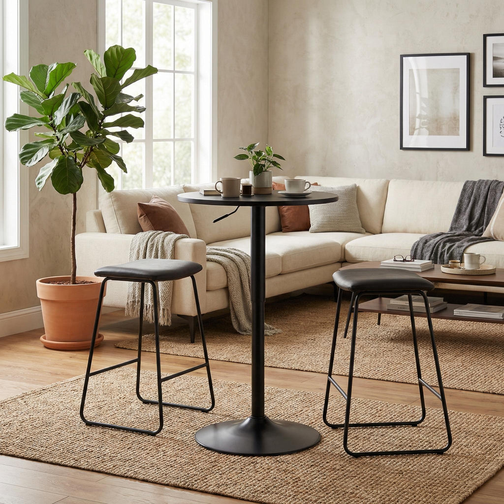 Mesa de Bar Redonda de 60 cm con Altura Ajustable y Base Cromada Giratoria Tubo Negro