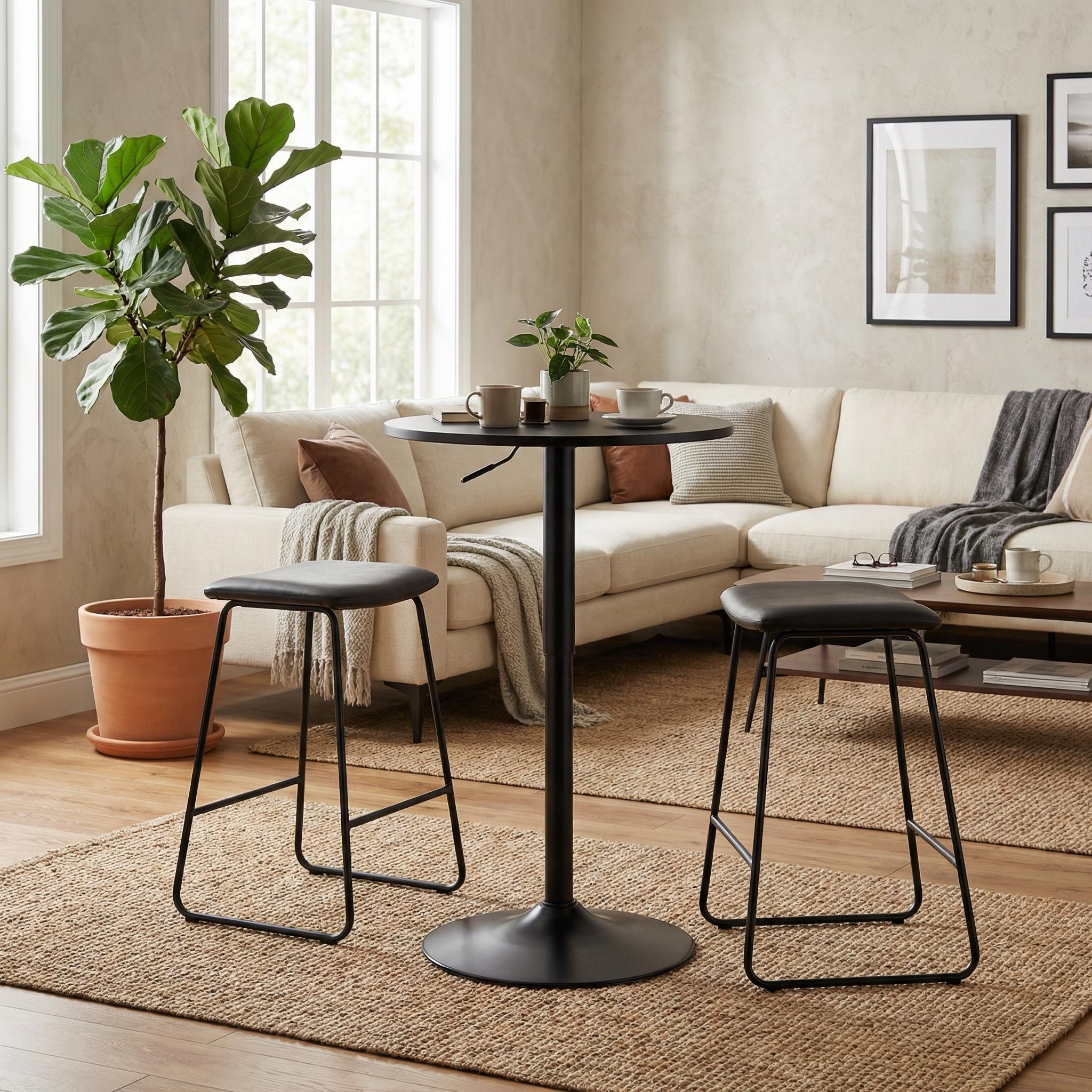 Mesa de Bar Redonda de 60 cm con Altura Ajustable y Base Cromada Giratoria Tubo Negro