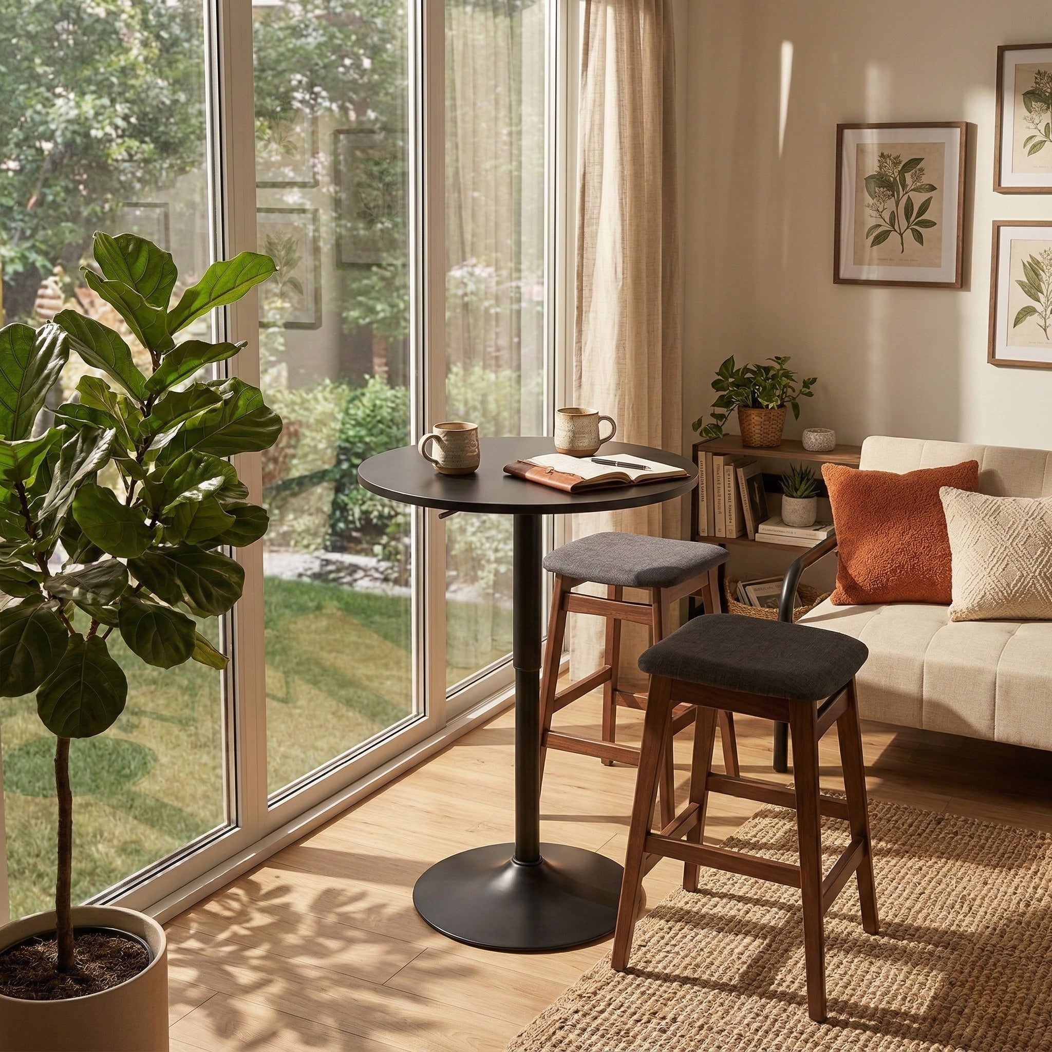 Mesa de Bar Redonda de 60 cm con Altura Ajustable y Base Cromada Giratoria Tubo Negro