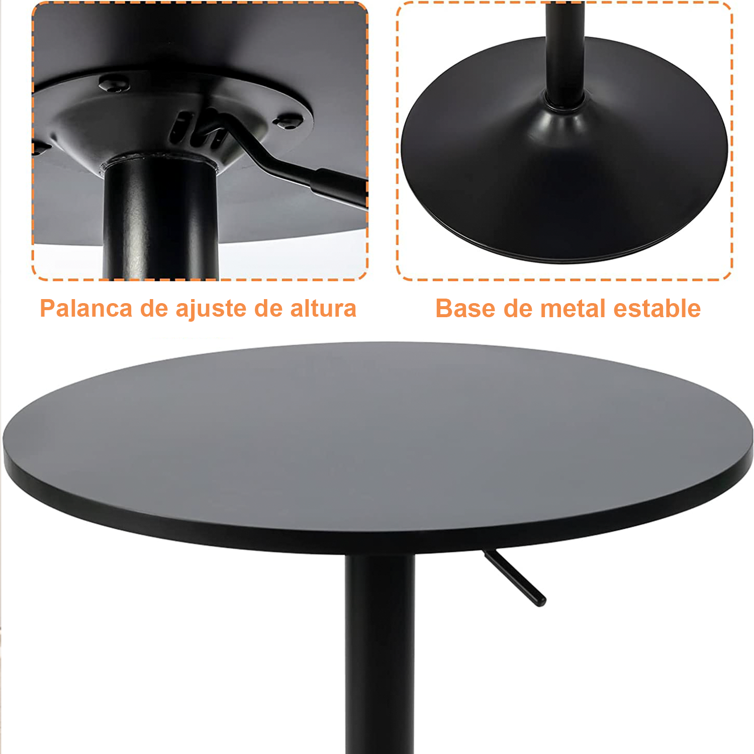 Mesa de Bar Redonda de 60 cm con Altura Ajustable y Base Cromada Giratoria Tubo Negro
