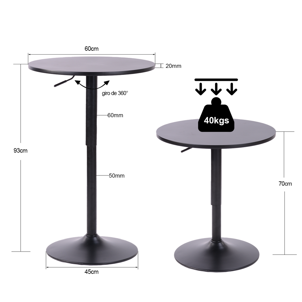 Mesa de Bar Redonda de 60 cm con Altura Ajustable y Base Cromada Giratoria Tubo Negro