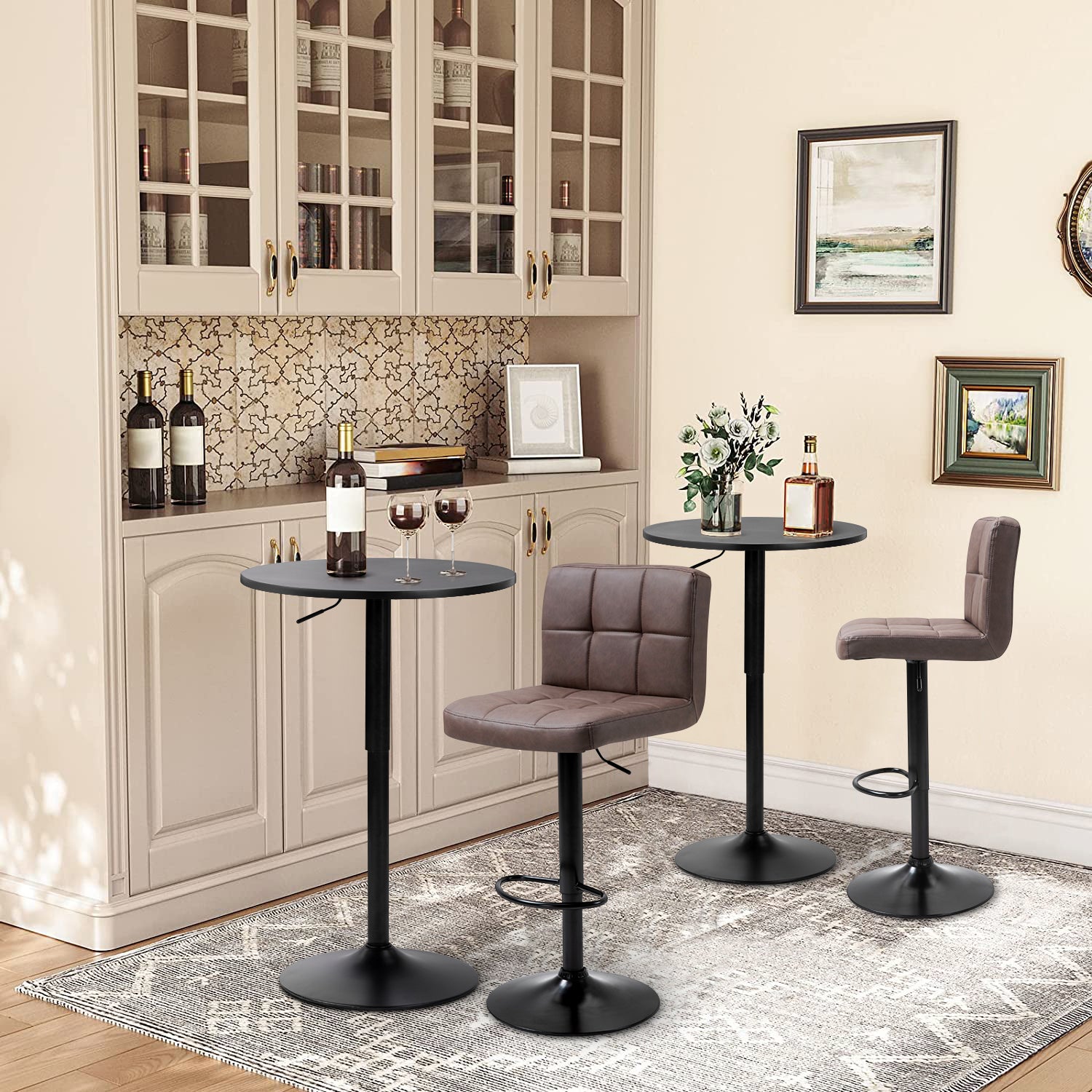 Mesa de Bar Redonda de 60 cm con Altura Ajustable y Base Cromada Giratoria Tubo Negro