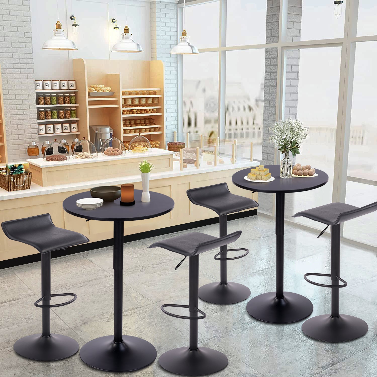 Mesa de Bar Redonda de 60 cm con Altura Ajustable y Base Cromada Giratoria Tubo Negro