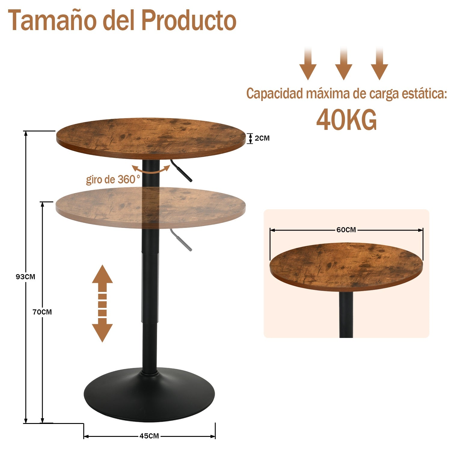 Mesa de Bar Redonda de 60 cm Altura Regulable (Vintage)