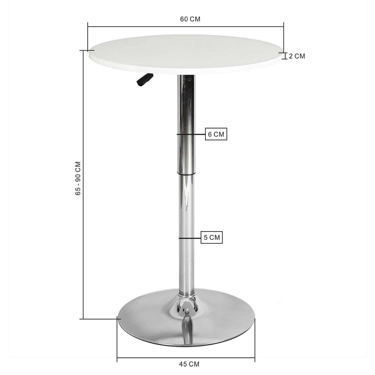 Mesa de Bar Redonda de 60 cm Altura Ajustable Rotación de 360° Base Cromada Blanco