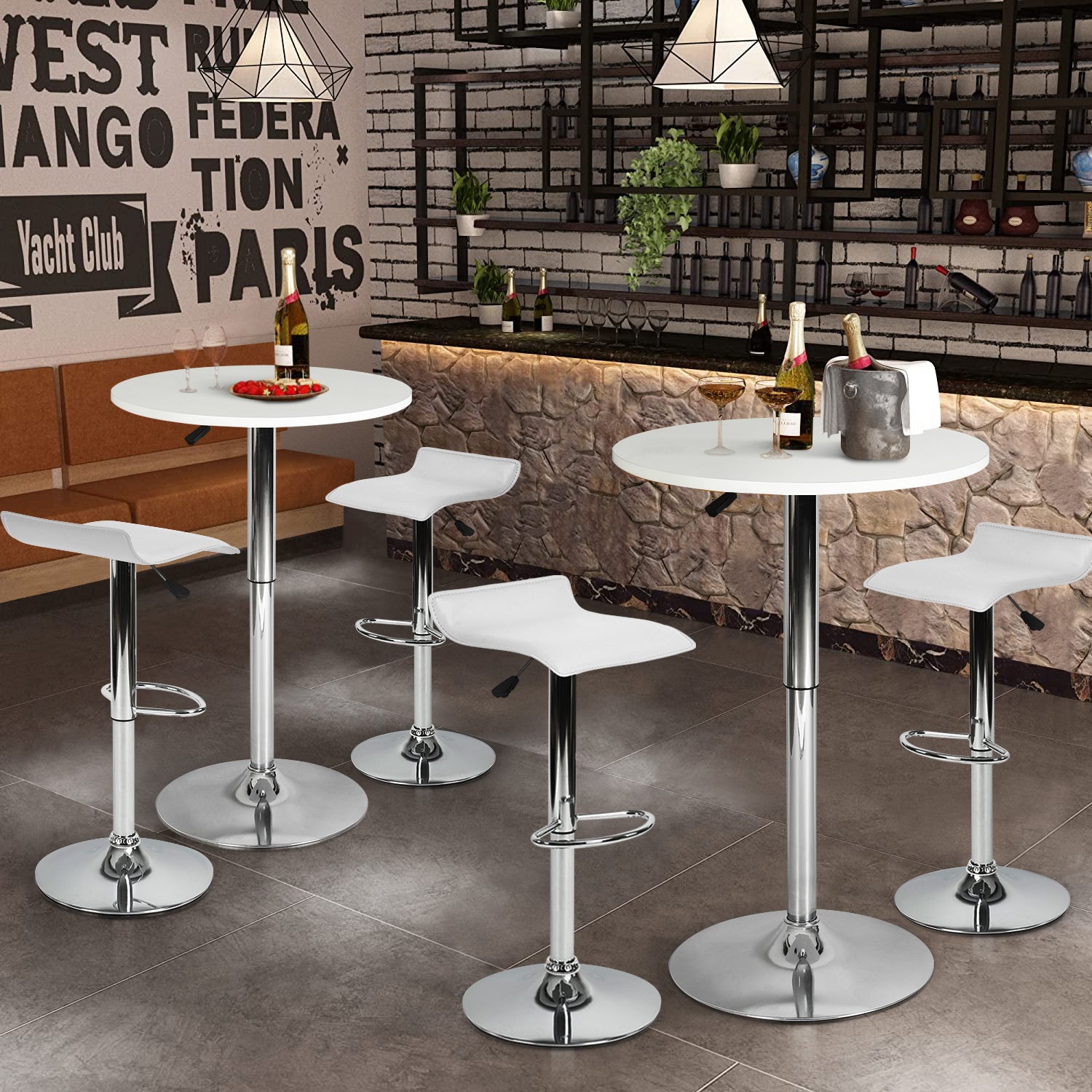 Mesa de Bar Redonda de 60 cm Altura Ajustable Rotación de 360° Base Cromada Blanco