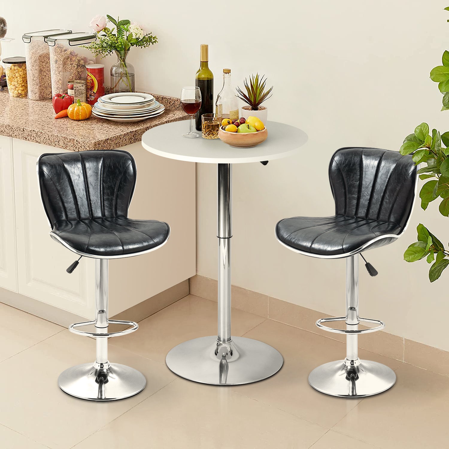 Mesa de Bar Redonda de 60 cm Altura Ajustable Rotación de 360° Base Cromada Blanco