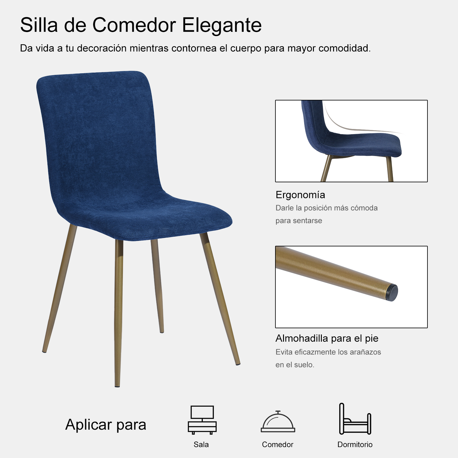 Sillas de Comedor de 4 Piezas Patas Doradas de Metal de Estilo Moderno Azul