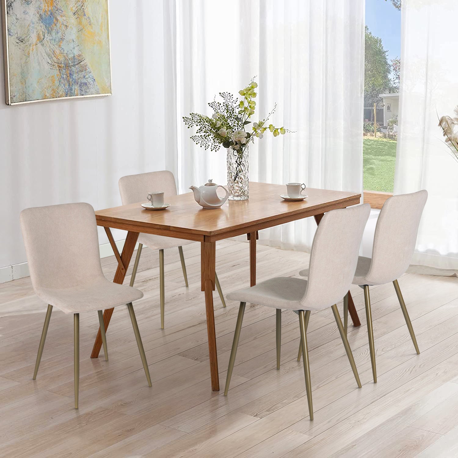 Sillas de Comedor de 4 Piezas Patas Doradas de Metal de Estilo Moderno Beige
