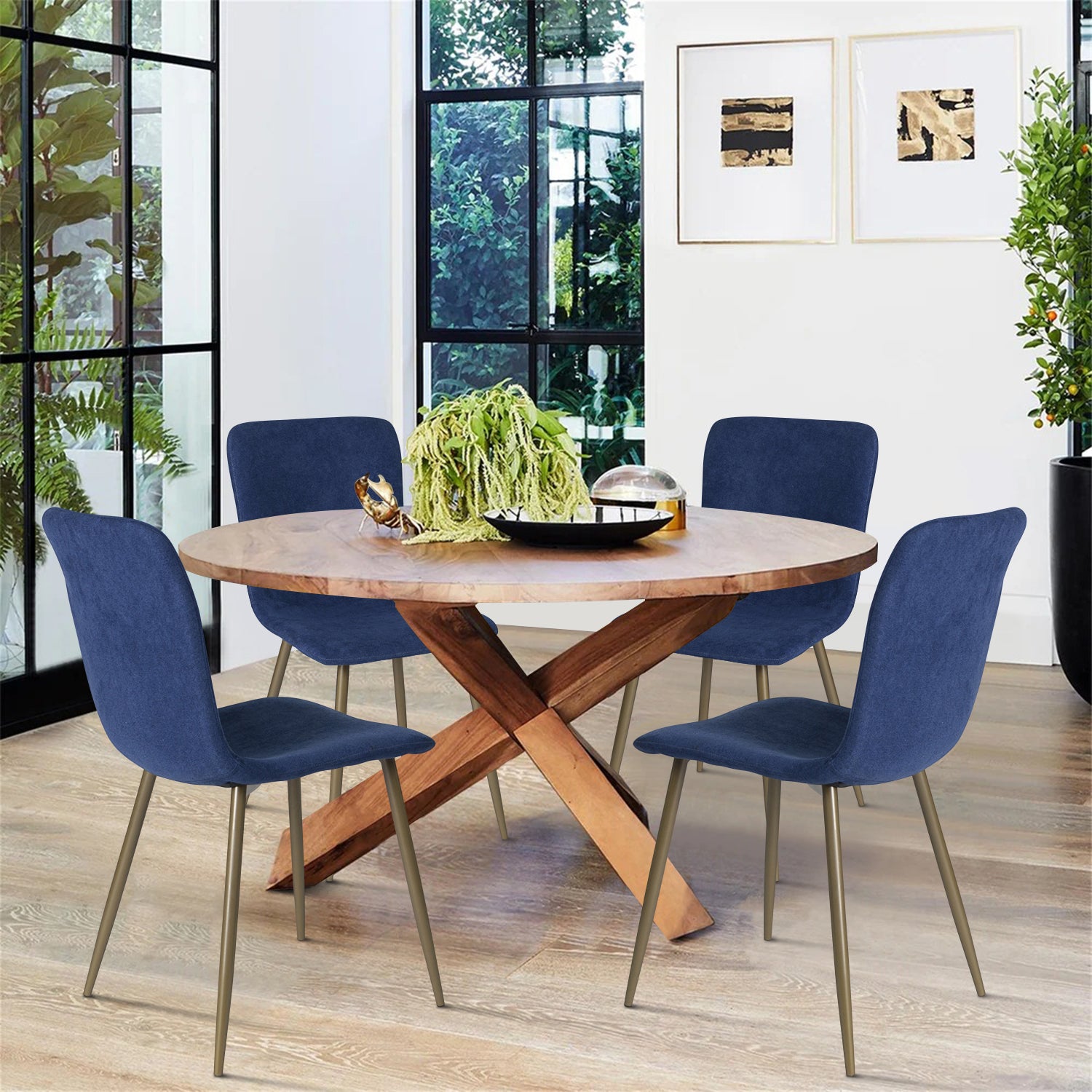 Sillas de Comedor de 4 Piezas Patas Doradas de Metal de Estilo Moderno Azul