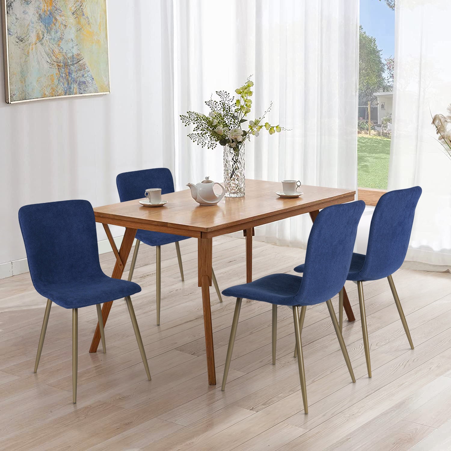Sillas de Comedor de 4 Piezas Patas Doradas de Metal de Estilo Moderno Azul