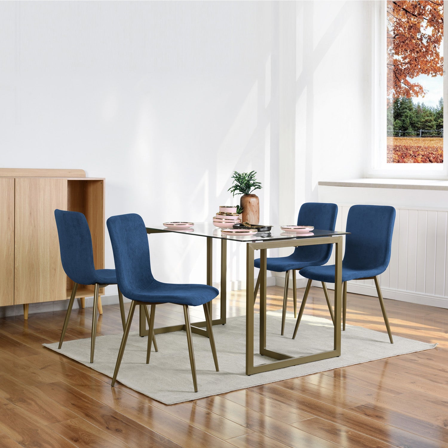 Sillas de Comedor de 4 Piezas Patas Doradas de Metal de Estilo Moderno Azul
