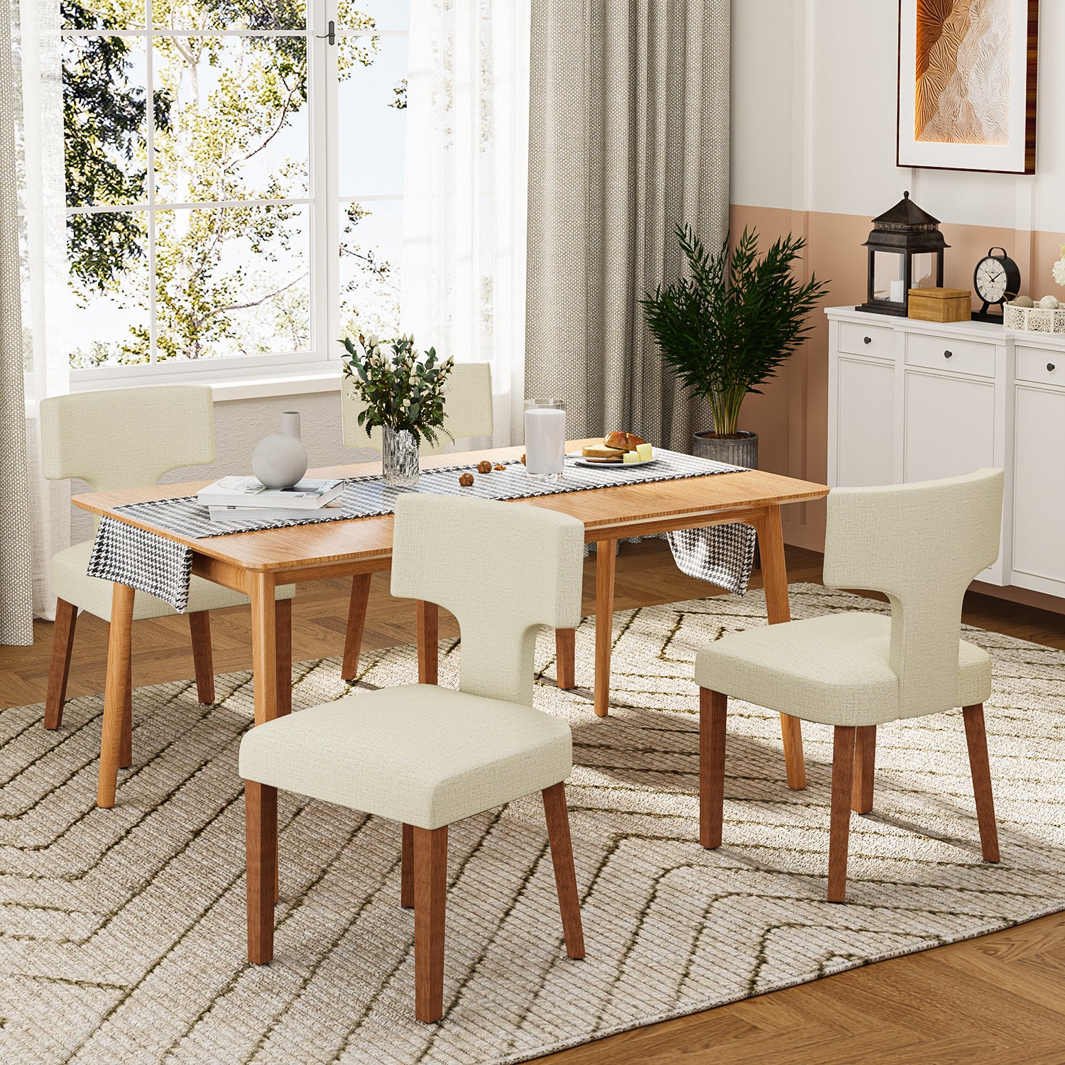 Silla de Comedor con Respaldo en T Estructura de Madera (Beige)