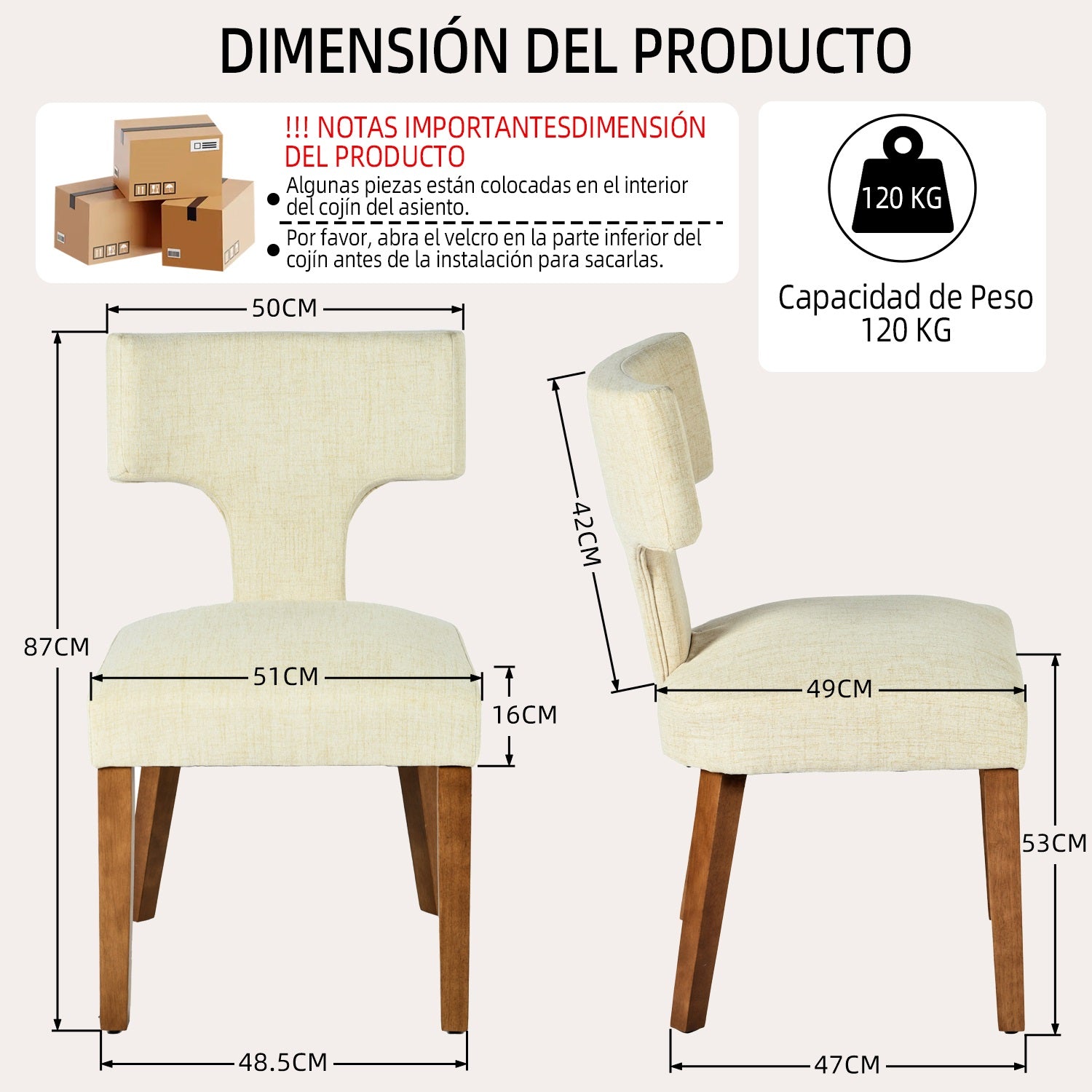 Silla de Comedor con Respaldo en T Estructura de Madera (Beige)