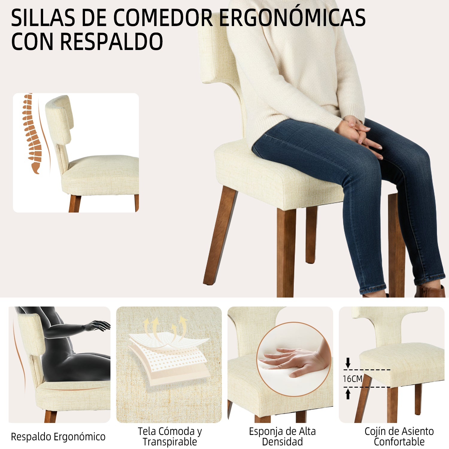Silla de Comedor con Respaldo en T Estructura de Madera (Beige)