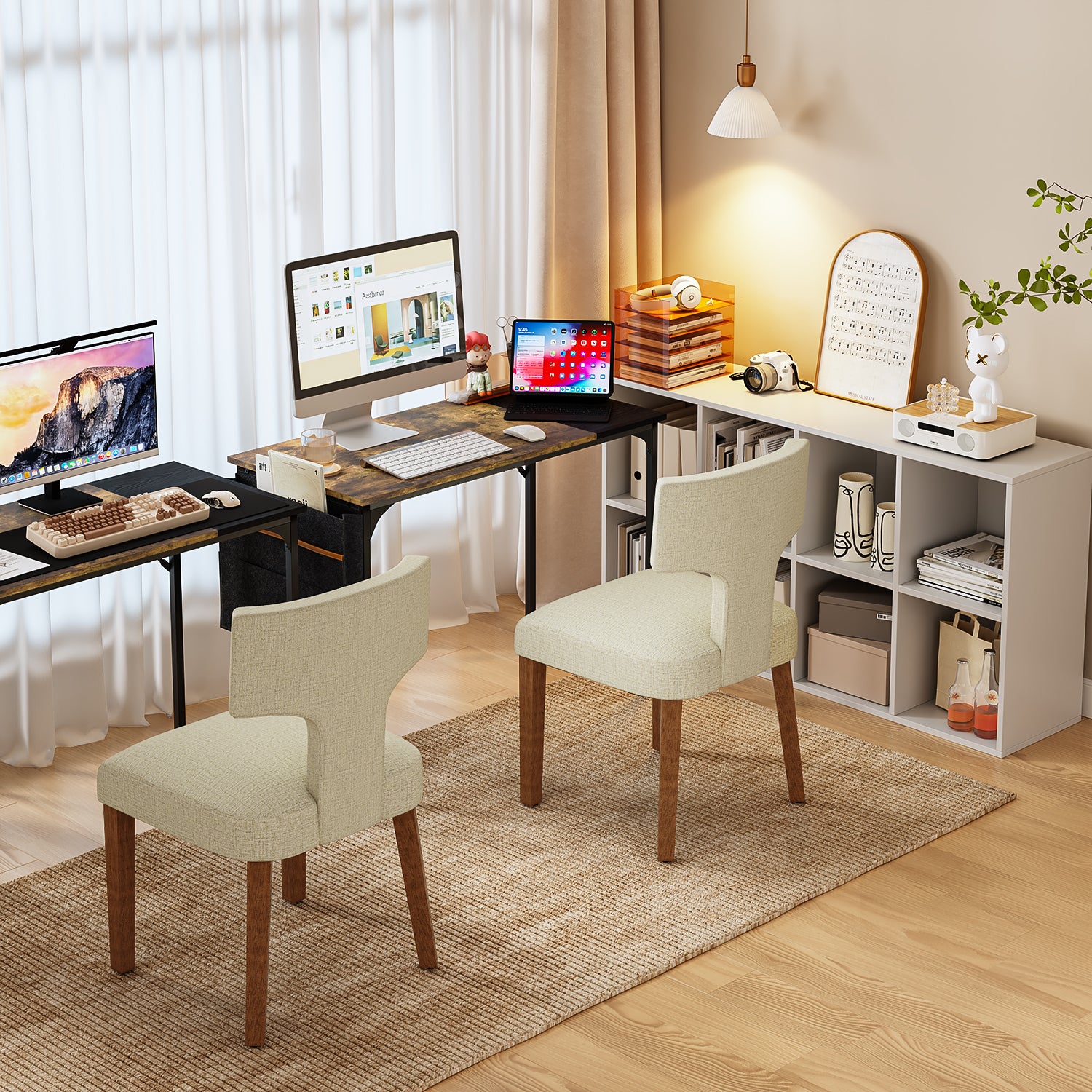 Silla de Comedor con Respaldo en T Estructura de Madera (Beige)